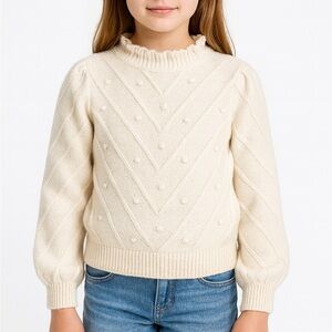 Crewcuts Pom Pom Cable Knit Ruffle Neck Sweater Girls Kids 4 5 XS